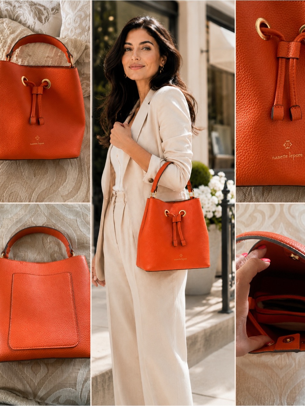 Nanette Lepore Orange Pebbled Bucket Bag Top Handle Purse - Picture 2 of 9